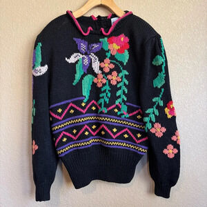 Cottagecore Grandma Vintage 1980s Black Sweater Floral Detail Size Large 12/14